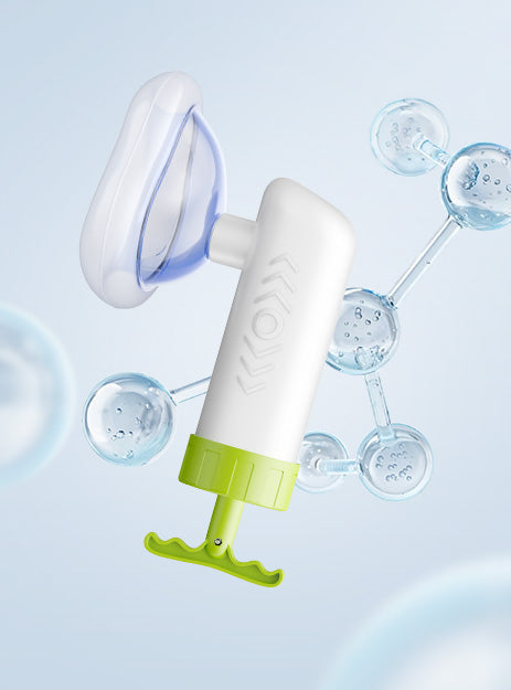 Mumany manual device in a portrait pale blue product scene